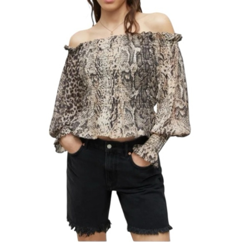 NWT’S AllSaints Off-The-Shoulder Noche Snake Print Top SZ 6